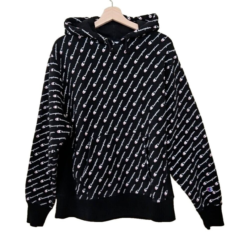 Champion Hoodie Mens L Black AOP Kanga Pocket LS Reverse Weave Y2K Streetwear